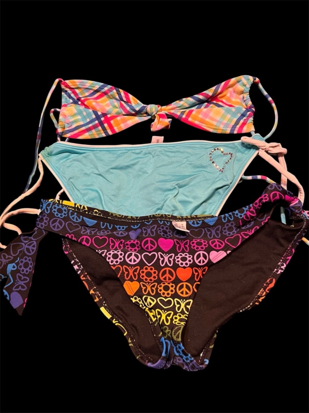 Colorful Mix Bikini Set - Plaid Top + Aqua & Rainbow Bottoms